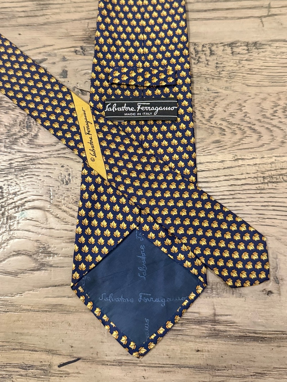 Salvatore Ferragamo Navy and Yellow Silk Geometric Leaf Tie